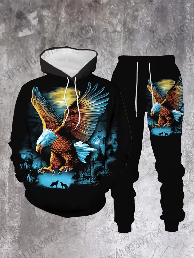Autumn Winter Hoodie Pant Set  - 3D Printing Eagle ulasan dan harga